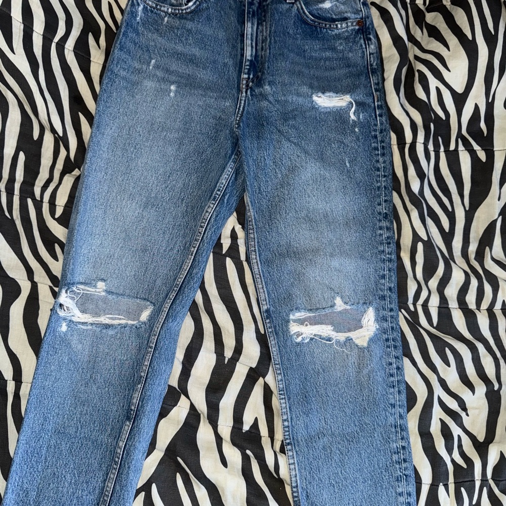Zara Blue Distressed Straight Leg Jeans
